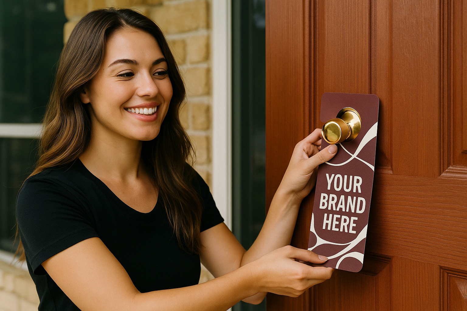 lafayette woman hanging a door hanger on a door that says "your brand here"
